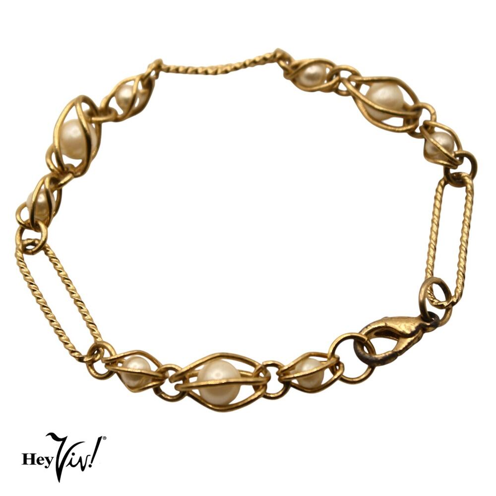 Vintage Faux Pearl Bracelet Gold Tone Wire Wrapped Beads 50s 60s 7.5" - Hey Viv